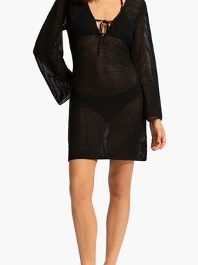 Seafolly Black Sheer Knit Mini Cover-Up Dress